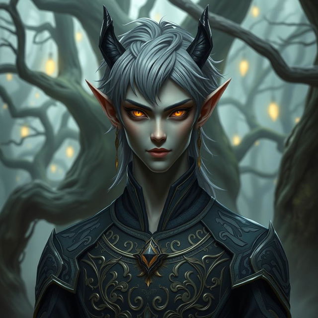 A male dark elf with distinctive gray hair and captivating yellow eyes