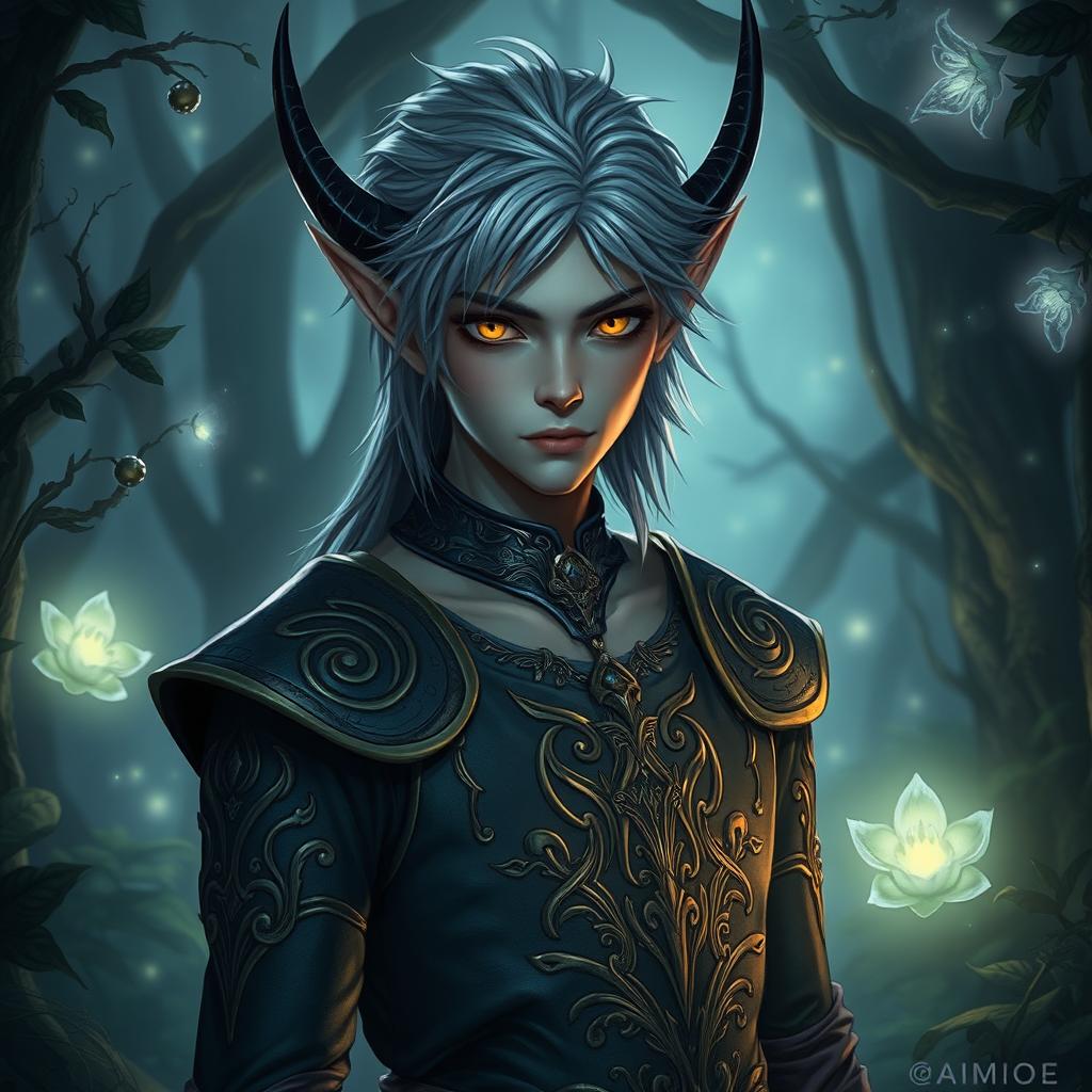 A male dark elf featuring striking gray hair and captivating yellow eyes, standing amidst a mystical forest bathed in ethereal light