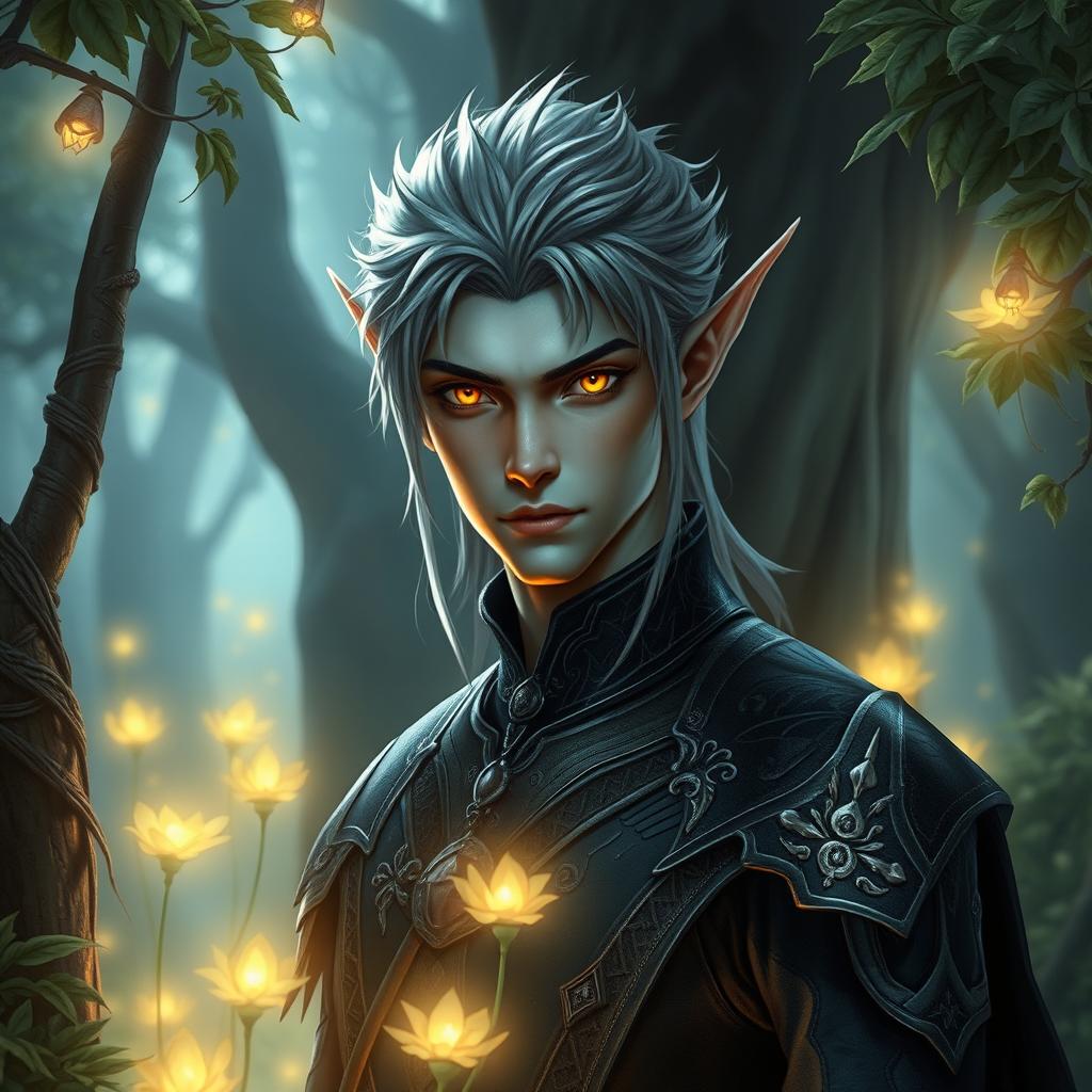 A male dark elf featuring striking gray hair and captivating yellow eyes, standing amidst a mystical forest bathed in ethereal light