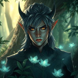 A male dark elf featuring striking gray hair and captivating yellow eyes, standing amidst a mystical forest bathed in ethereal light