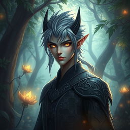 A male dark elf featuring striking gray hair and captivating yellow eyes, standing amidst a mystical forest bathed in ethereal light