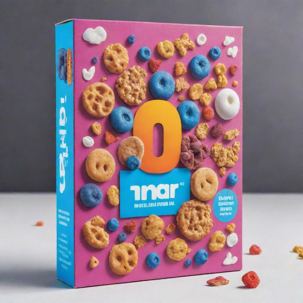 A vibrant cereal box named 'Marketing 4.0', showcasing symbols and images that represent modern marketing concepts like customer engagement, digital technology, personalization, and data analysis.