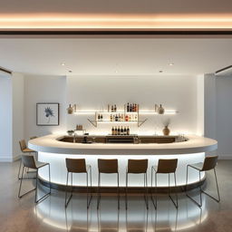 A sophisticated and elegant minimalist bar with sleek, modern design elements, featuring a smooth, polished counter with subtle ambient lighting and high-end finishes