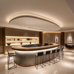 A sophisticated and elegant minimalist bar with sleek, modern design elements, featuring a smooth, polished counter with subtle ambient lighting and high-end finishes