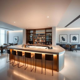 A sophisticated and elegant minimalist bar with sleek, modern design elements, featuring a smooth, polished counter with subtle ambient lighting and high-end finishes