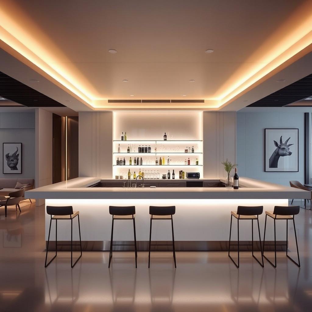 A sophisticated and elegant minimalist bar with sleek, modern design elements, featuring a smooth, polished counter with subtle ambient lighting and high-end finishes