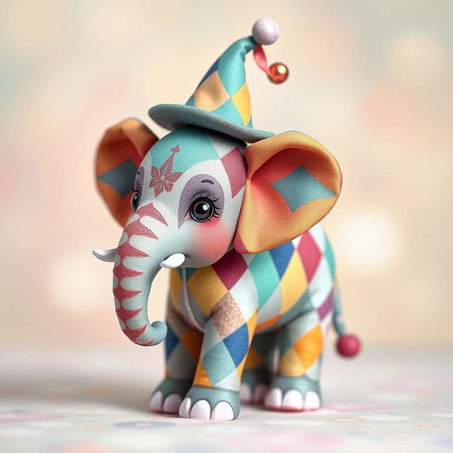 A charming harlequin elephant, featuring colorful and intricate diamond patterns on its skin