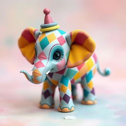 A charming harlequin elephant, featuring colorful and intricate diamond patterns on its skin