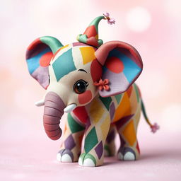 A charming harlequin elephant, featuring colorful and intricate diamond patterns on its skin