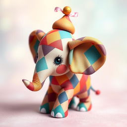 A charming harlequin elephant, featuring colorful and intricate diamond patterns on its skin