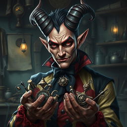 A realistic depiction of a half-demon, half-human artificer with an eerie yet captivating presence