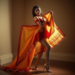 A Thai woman in a seductive pose, showcasing a traditional Mekhela Chadar in cream, golden, and red colors, complemented by a red blouse and elegant high heels