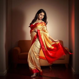 A Thai woman in a seductive pose, showcasing a traditional Mekhela Chadar in cream, golden, and red colors, complemented by a red blouse and elegant high heels