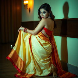 A Thai woman in a seductive pose, showcasing a traditional Mekhela Chadar in cream, golden, and red colors, complemented by a red blouse and elegant high heels