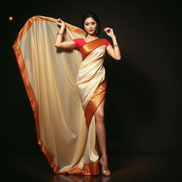 A Thai woman in a seductive pose, showcasing a traditional Mekhela Chadar in cream, golden, and red colors, complemented by a red blouse and elegant high heels