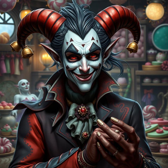 A realistic depiction of a half-demon, half-human with a whimsical harlequin theme