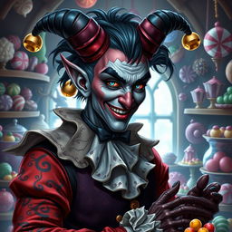 A realistic depiction of a half-demon, half-human with a whimsical harlequin theme