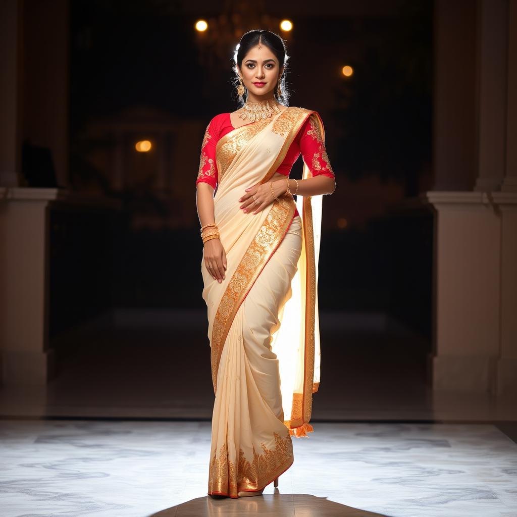 A captivating depiction of an Indonesian woman in traditional attire, wearing a Mekhela Chadar with a cream, golden, and red color palette, complemented by a red blouse and stylish high heels