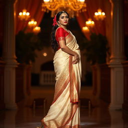 A captivating depiction of an Indonesian woman in traditional attire, wearing a Mekhela Chadar with a cream, golden, and red color palette, complemented by a red blouse and stylish high heels