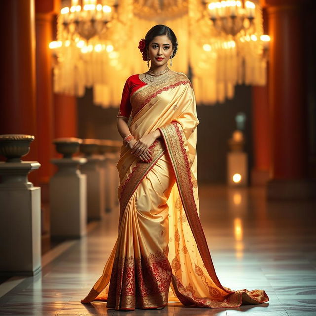 A captivating depiction of an Indonesian woman in traditional attire, wearing a Mekhela Chadar with a cream, golden, and red color palette, complemented by a red blouse and stylish high heels