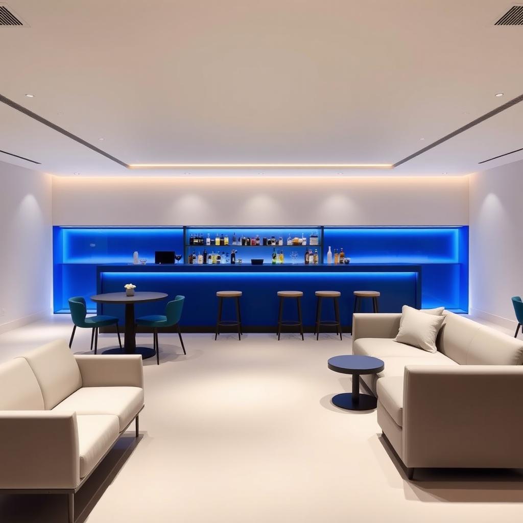 A minimalist and elegant bar specifically designed for business meetings, measuring 10 meters in length and 3