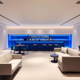 A minimalist and elegant bar specifically designed for business meetings, measuring 10 meters in length and 3