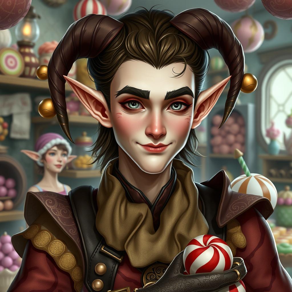 A realistic depiction of a half-elf with a whimsical harlequin theme