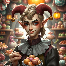 A realistic depiction of a half-elf with a whimsical harlequin theme