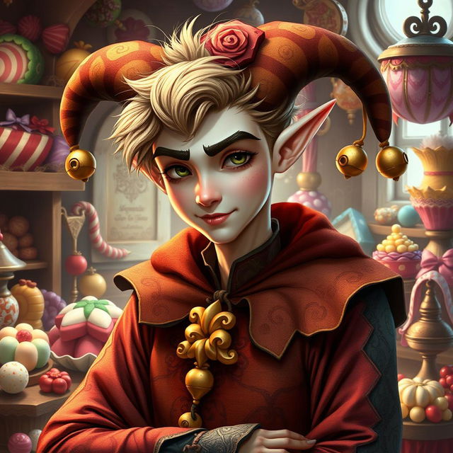 A realistic depiction of a half-elf with a whimsical harlequin theme