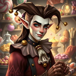 A realistic depiction of a half-elf with a whimsical harlequin theme