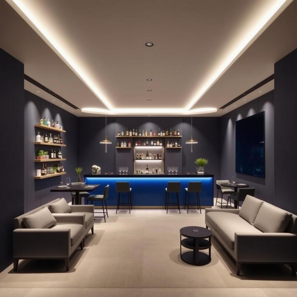 A minimalist and elegant business-focused bar, designed with sleek lines and a professional ambiance