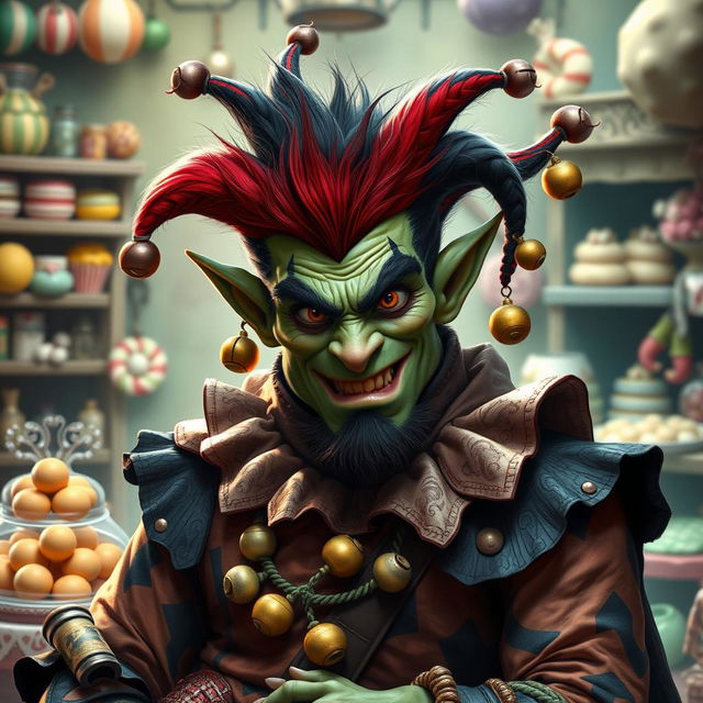 A realistic depiction of a half-orc with a whimsical harlequin twist