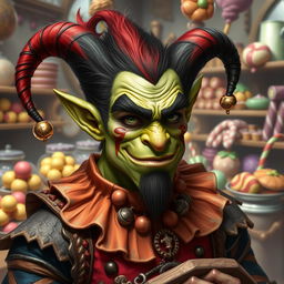 A realistic depiction of a half-orc with a whimsical harlequin twist