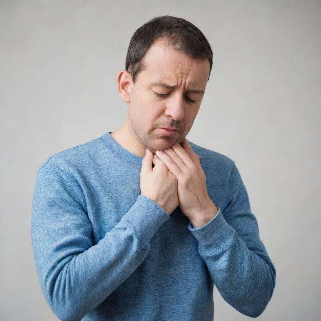 A portrayal of a person suffering from respiratory illness, clutching their chest, while showing signs of fatigue and discomfort.