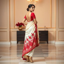 An elegant Indonesian woman wearing a cream and red Mekhela Chadar with a red backless blouse and high heels