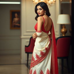 An elegant Indonesian woman wearing a cream and red Mekhela Chadar with a red backless blouse and high heels