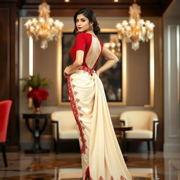 An elegant Indonesian woman wearing a cream and red Mekhela Chadar with a red backless blouse and high heels