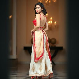 An elegant Indonesian woman wearing a cream and red Mekhela Chadar with a red backless blouse and high heels