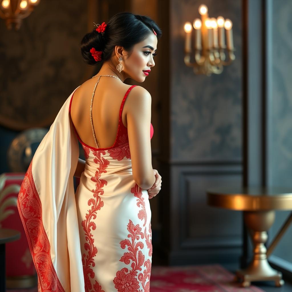 An elegant Indonesian woman depicted in a sophisticated manner, wearing a cream and red color combination Mekhela Chadar with a red backless blouse and high heels