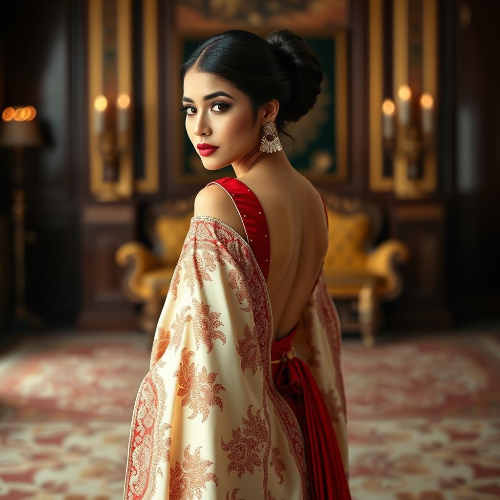 An elegant Indonesian woman depicted in a sophisticated manner, wearing a cream and red color combination Mekhela Chadar with a red backless blouse and high heels