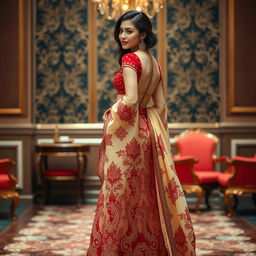 An elegant Indonesian woman depicted in a sophisticated manner, wearing a cream and red color combination Mekhela Chadar with a red backless blouse and high heels