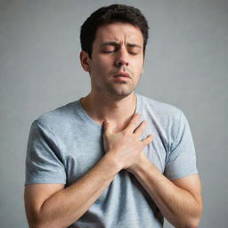 A portrayal of a person suffering from respiratory illness, clutching their chest, while showing signs of fatigue and discomfort.