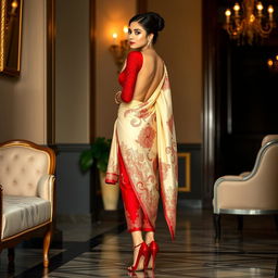 An elegant Indonesian woman depicted in a sophisticated manner, wearing a cream and red color combination Mekhela Chadar with a red backless blouse and high heels