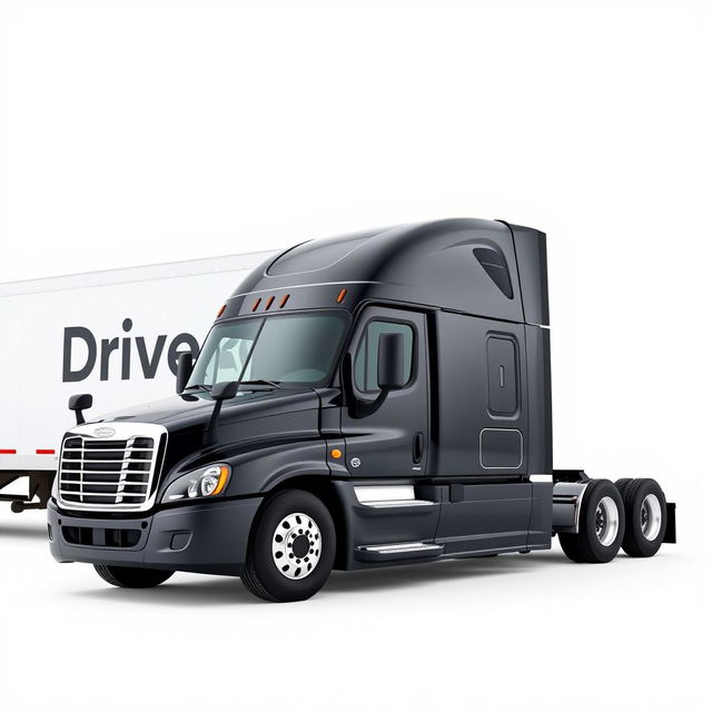 a sleek black Freightliner Cascadia positioned in front of a pristine white background, attached to a dry van trailer