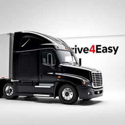 a sleek black Freightliner Cascadia positioned in front of a pristine white background, attached to a dry van trailer