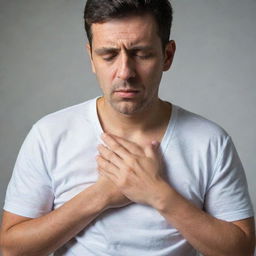 A portrayal of a person suffering from respiratory illness, clutching their chest, while showing signs of fatigue and discomfort.