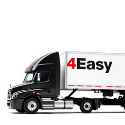 a sleek black Freightliner Cascadia positioned in front of a pristine white background, attached to a dry van trailer