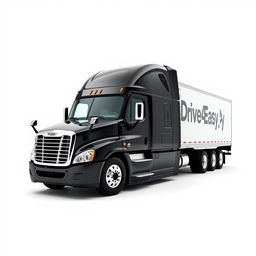 a sleek black Freightliner Cascadia positioned in front of a pristine white background, attached to a dry van trailer