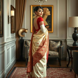 An elegant Indonesian woman depicted through an artistic and culturally rich lens, wearing a cream and red Mekhela Chadar with a red backless blouse and high heels