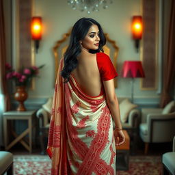 An elegant Indonesian woman depicted through an artistic and culturally rich lens, wearing a cream and red Mekhela Chadar with a red backless blouse and high heels